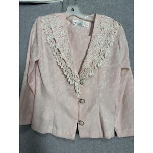 Vintage Halmode Petites Skirt Suit Womens 12 Pink Lace Trim Jacquard 2 Pc Formal